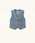 Botanical Vine Embroidered Denim Vest - Light Wash