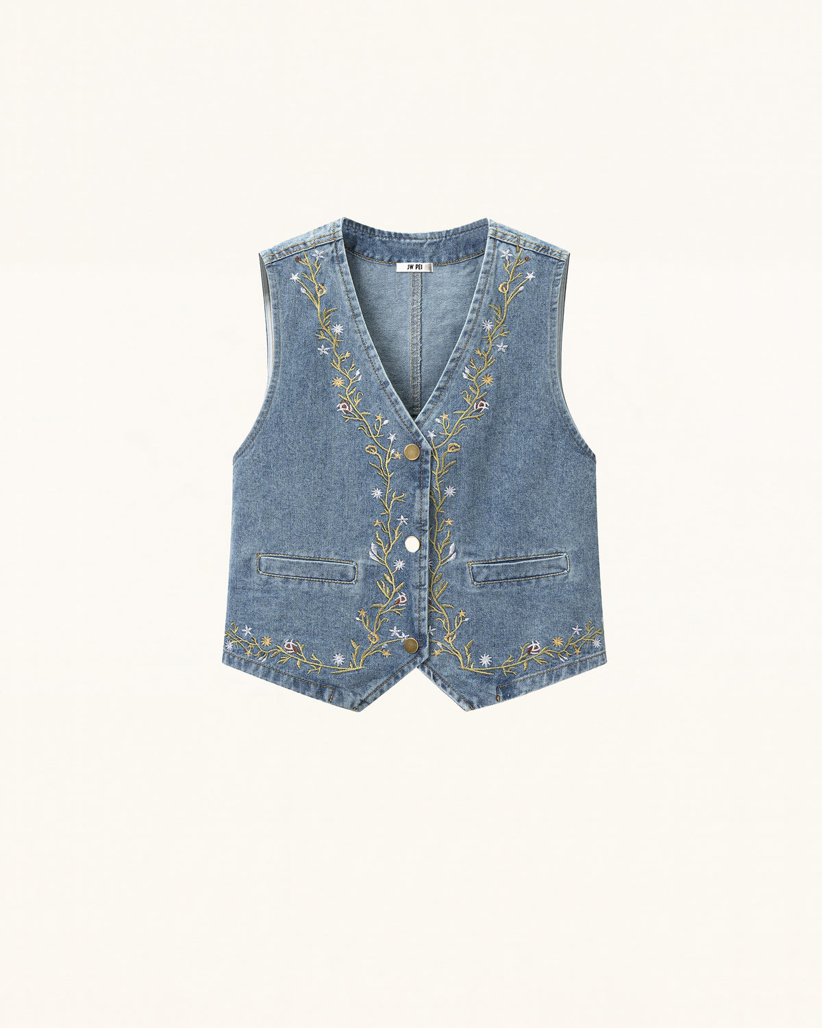 Botanical Vine Embroidered Denim Vest - Light Wash