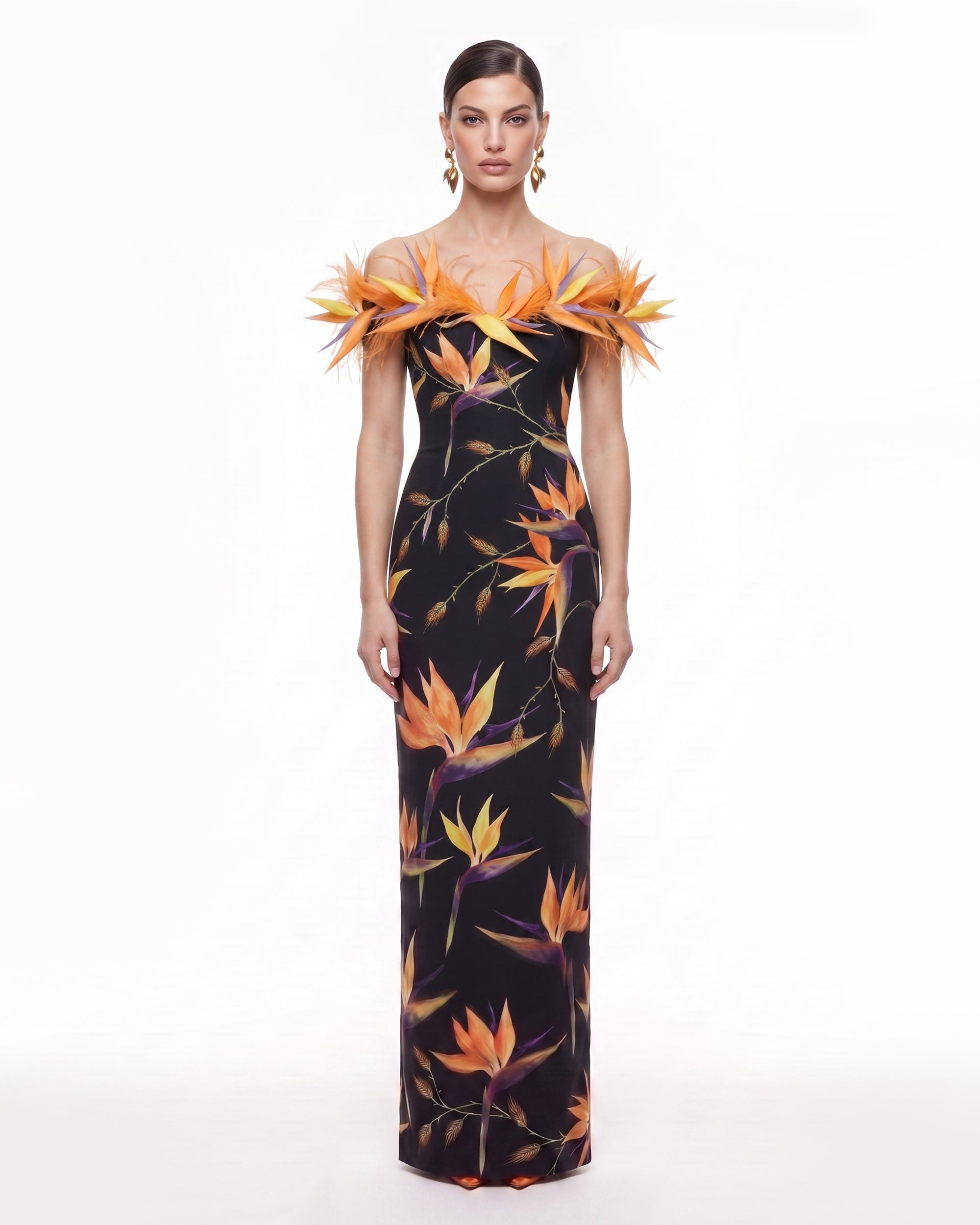 Bird of Paradise 3D Floral Feather-Trim Column Maxi Dress - Black