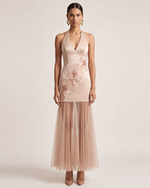 Orchid Embroidered Sheer Hem Halter Maxi Dress - Champagne