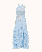 Orchid Embroidered Halter Asymmetric Ruffle Maxi Dress - Light Blue