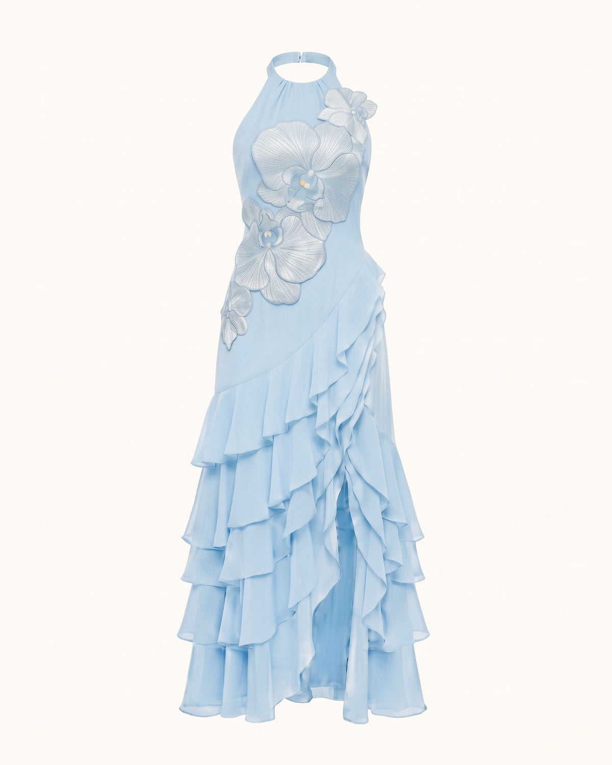 Orchid Embroidered Halter Asymmetric Ruffle Maxi Dress - Light Blue