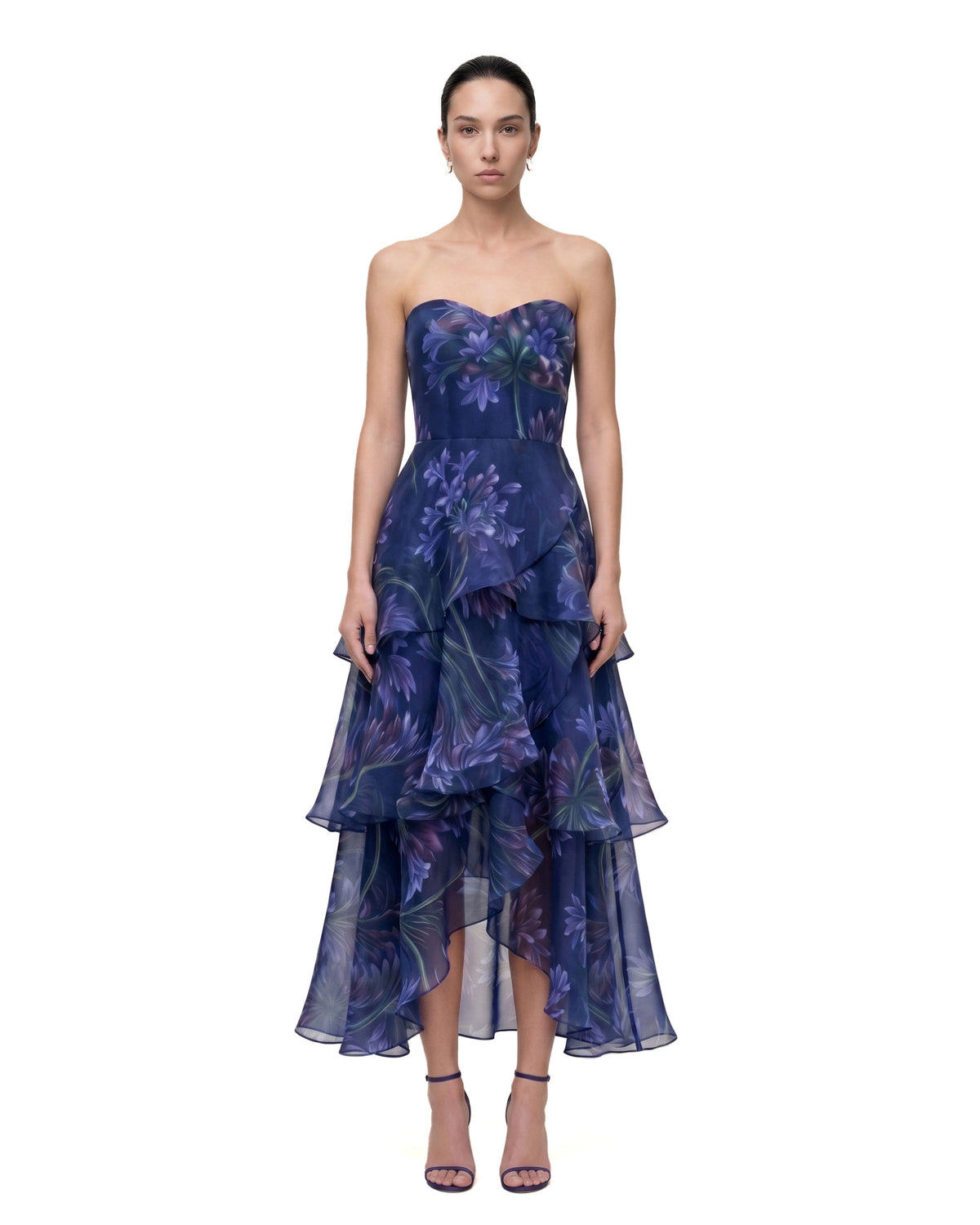Floral Print Strapless Tiered Ruffle Maxi Dress - Navy