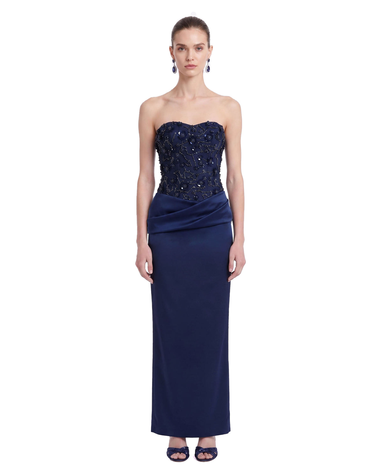 Beaded Floral Strapless Draped Satin Maxi Dress - Navy