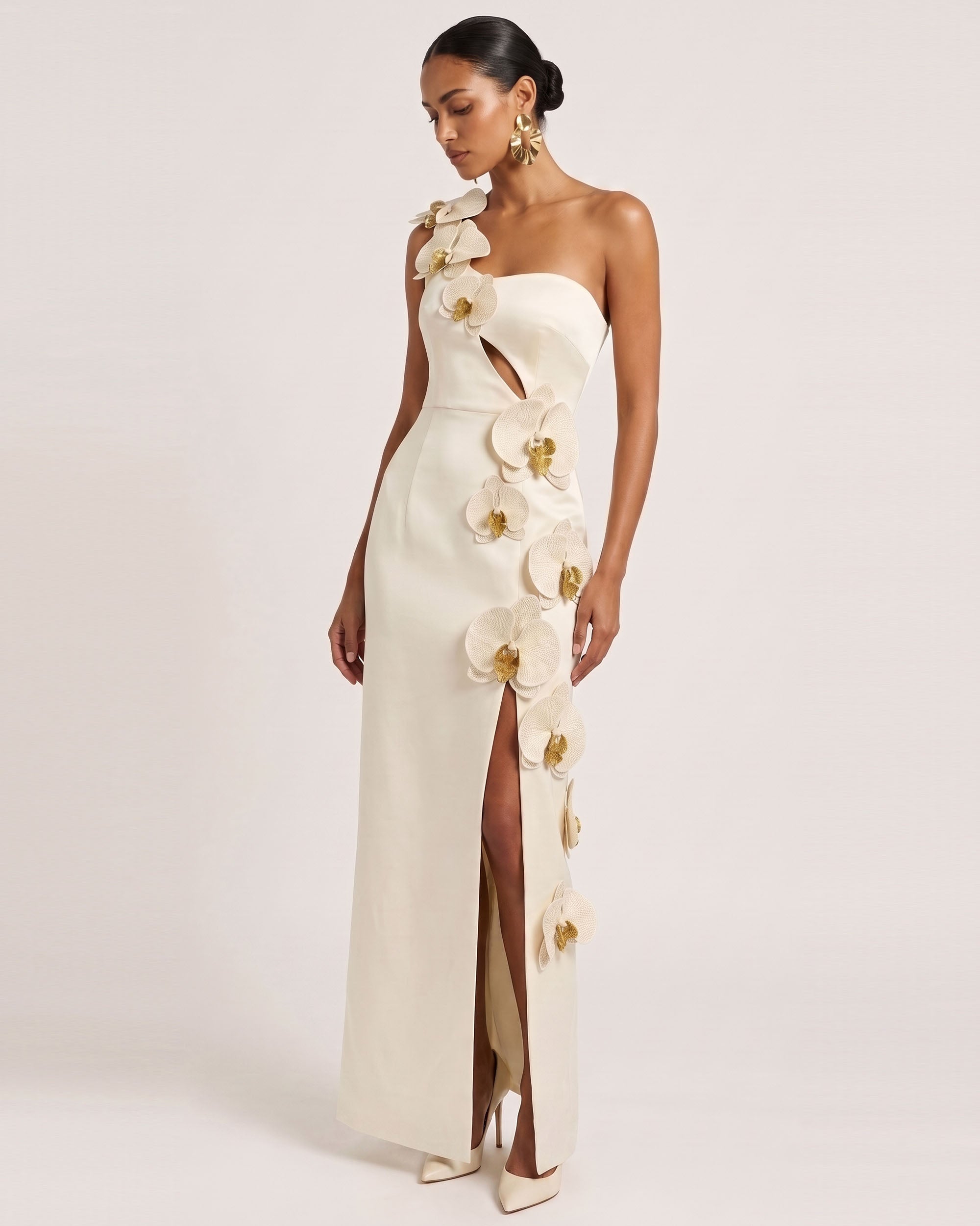 Orchid Embellished Cutout Slit Maxi Dress - Cream-colored