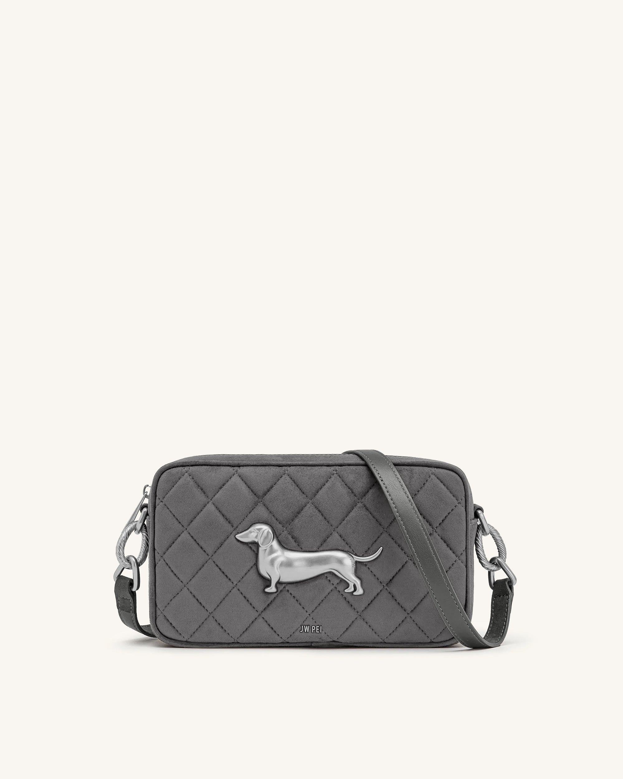 Riley Faux Suede Dachshund Quilted Shoulder Bag - Gray