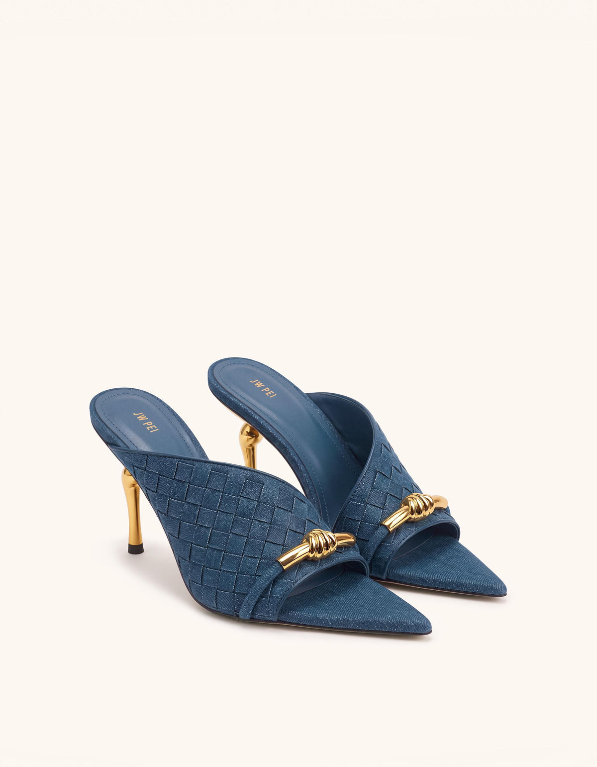 Lena Metal Rope Knot Woven Open Toe Mules - Denim Blue