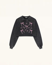 Sparkling Pink Crystal Bow Cropped Sweatshirt - Black