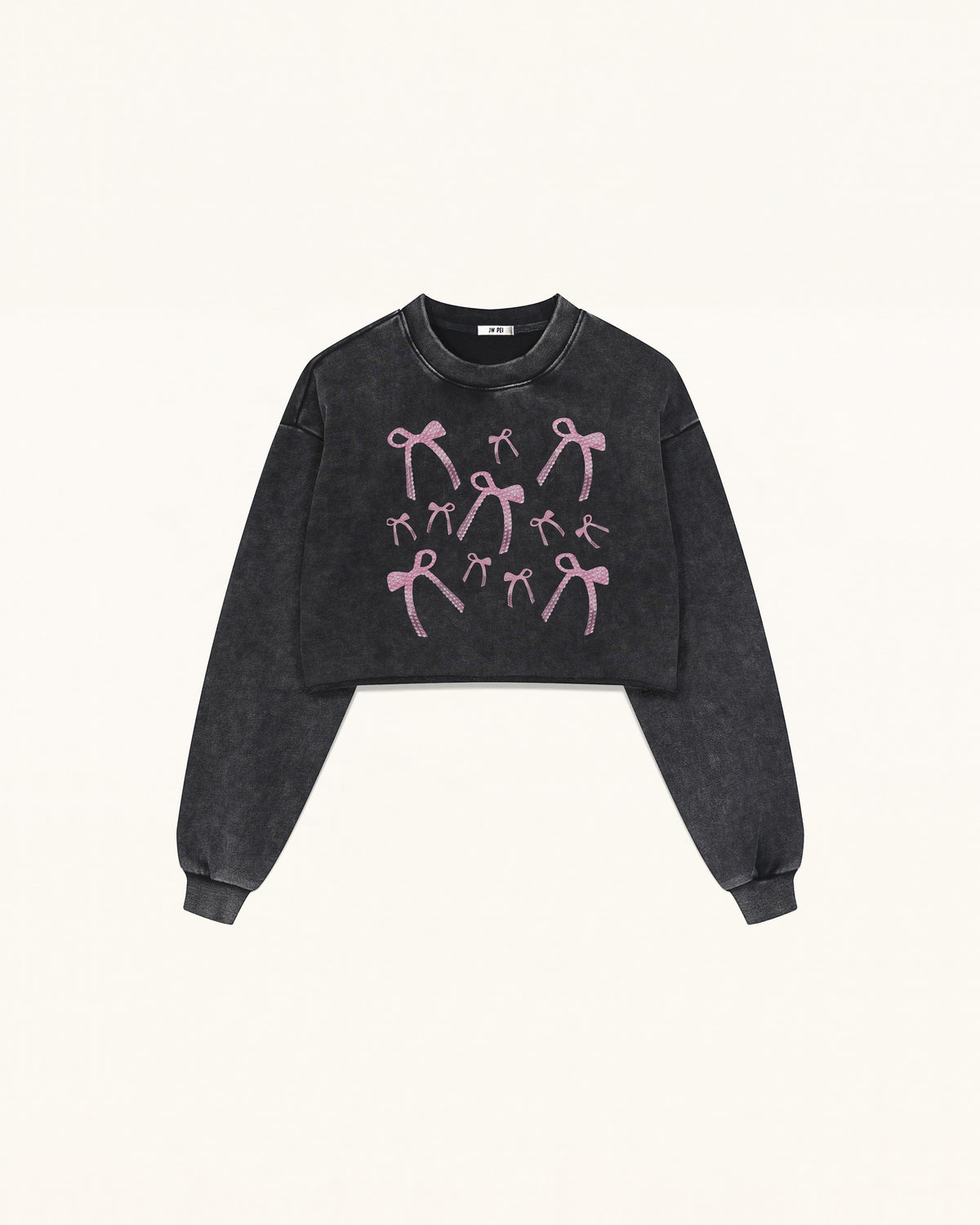 Sparkling Pink Crystal Bow Cropped Sweatshirt - Black