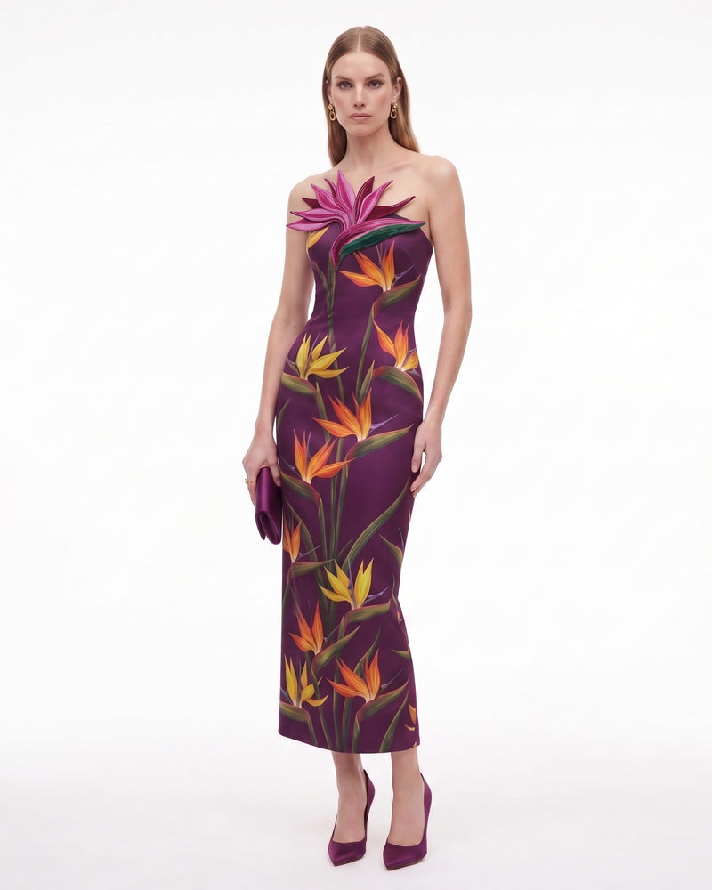 Bird of Paradise Appliqué Strapless Column Midi Dress - Plum