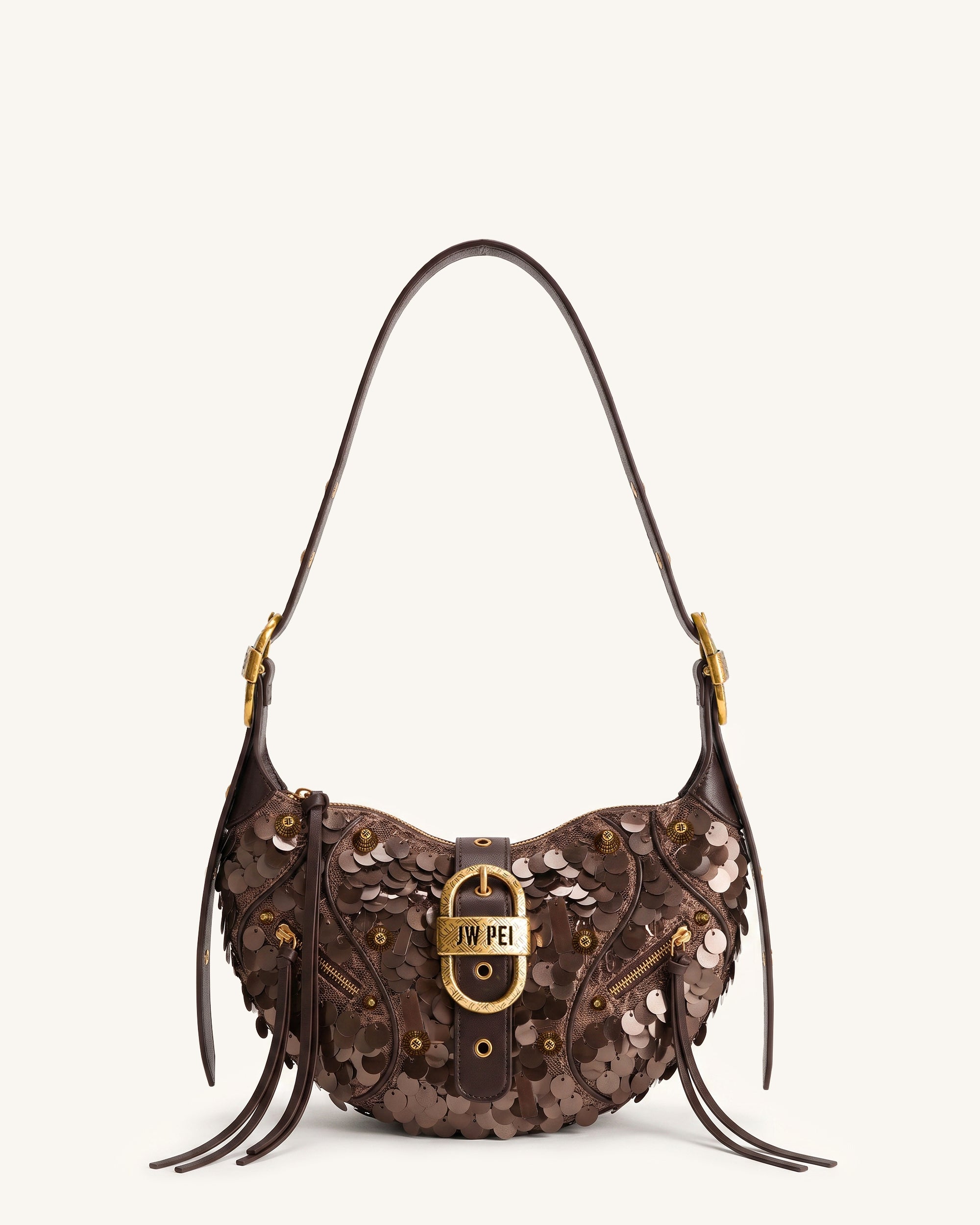 Tessa Sequins Studded Shoulder Bag - Coffee Brown