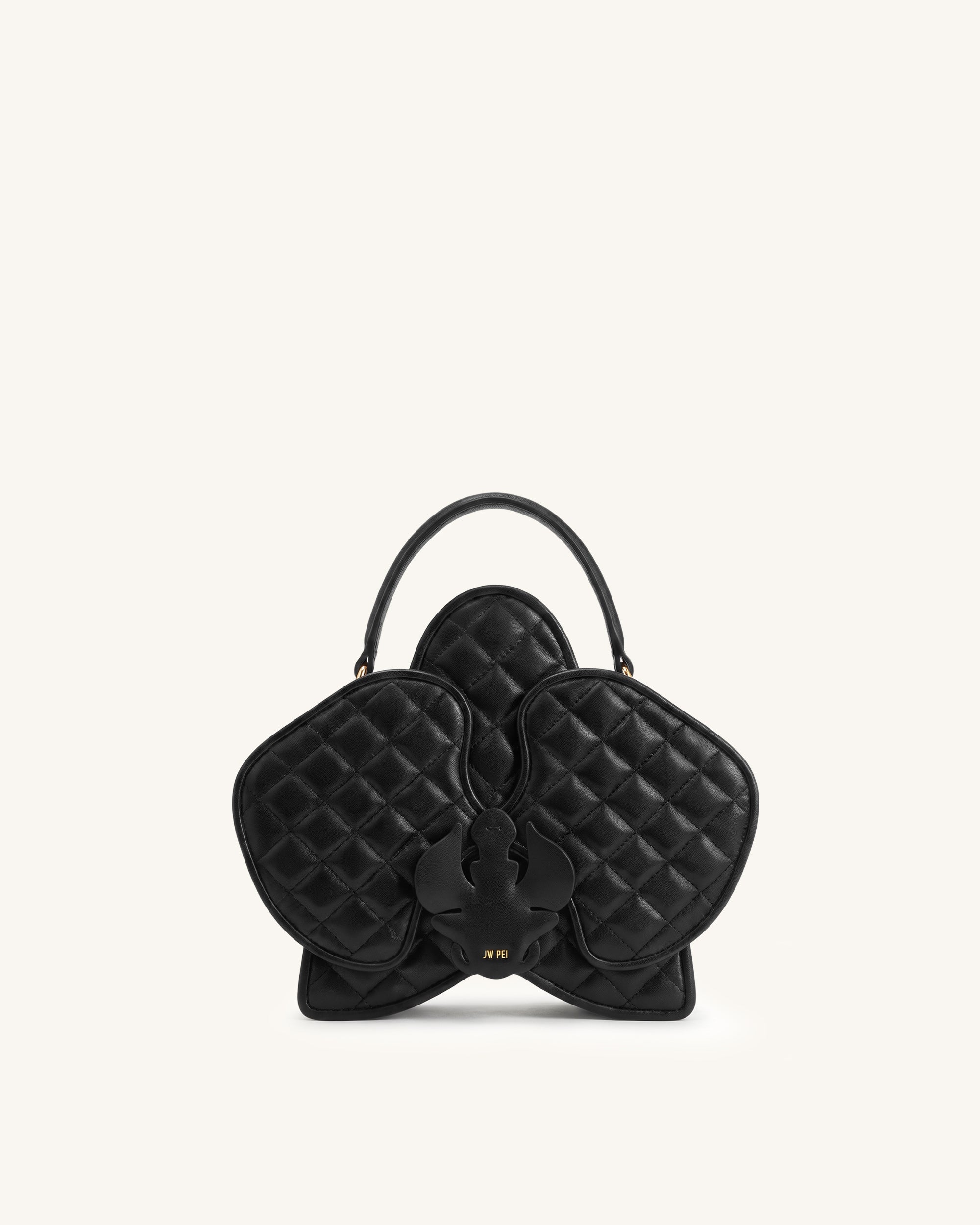 Flora Quilting Orchid Shaped Top Handle Bag - Black