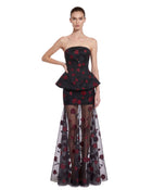 Floral Jacquard Strapless Peplum Top - Black & Red