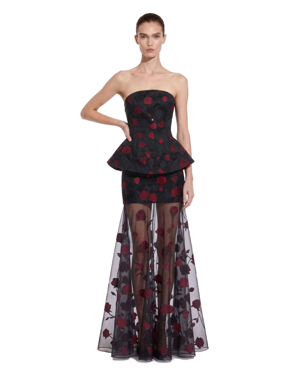 Floral Jacquard Strapless Peplum Top - Black & Red