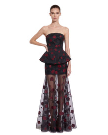 Floral Jacquard Strapless Peplum Top - Black & Red