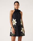 Lily Embroidered Bow Halter Mini Dress - Black
