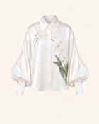 Satin Orchid-Embroidered Puff-Sleeve Shirt - White