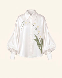 Satin Orchid-Embroidered Puff-Sleeve Shirt - White