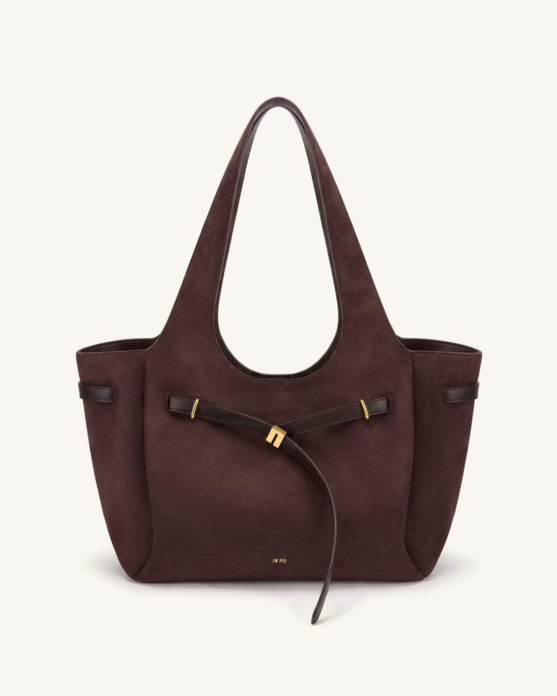 Hana Faux Suede Belt Detail Tote Bag - Dark Brown