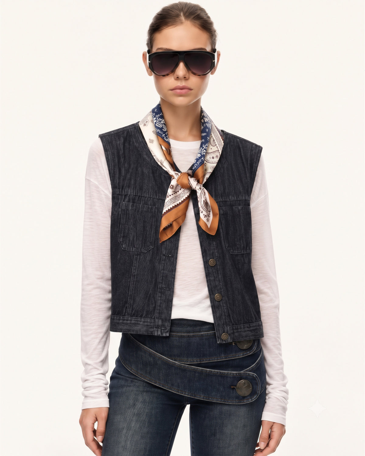 Vintage Paisley Accent Jacquard Denim Vest - Dark Wash