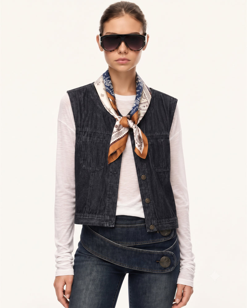 Vintage Paisley Accent Jacquard Denim Vest - Dark Wash
