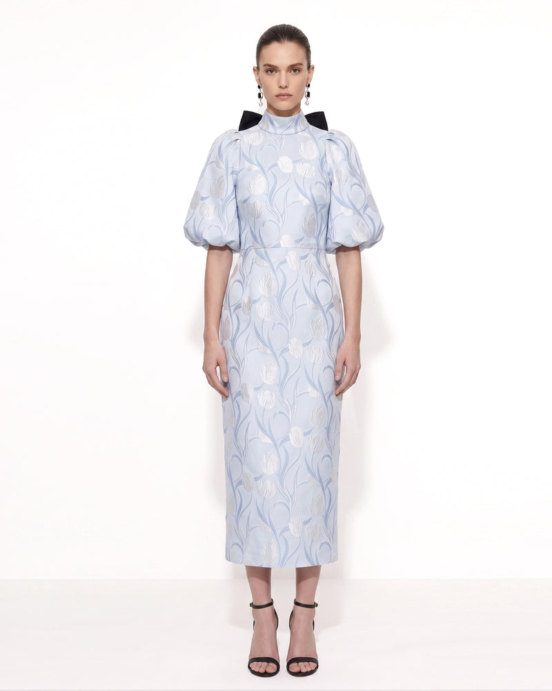 Floral Jacquard Bow-Back Puff-Sleeve Midi Dress - Light Blue