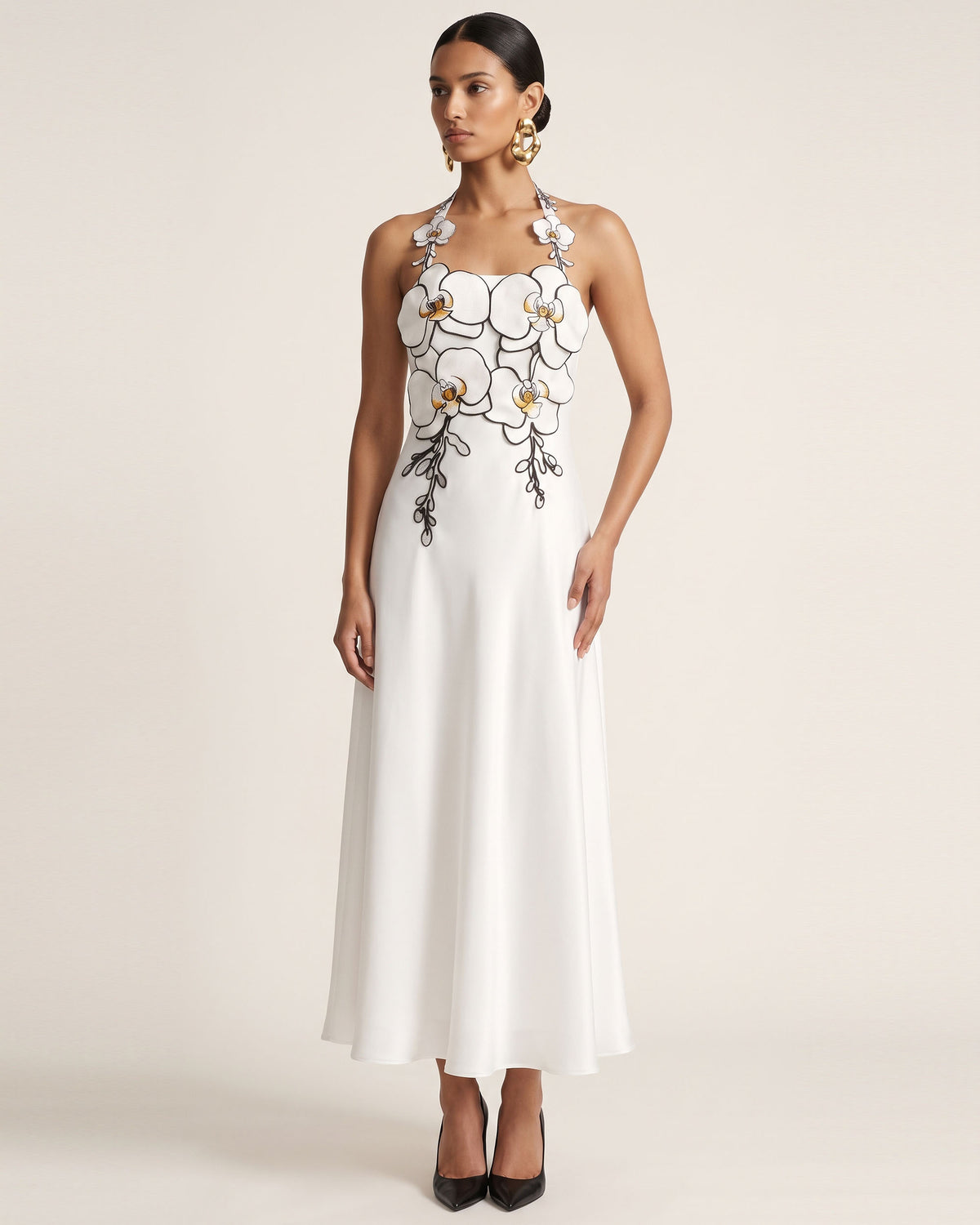 3D Floral Halter Satin Midi Dress - White