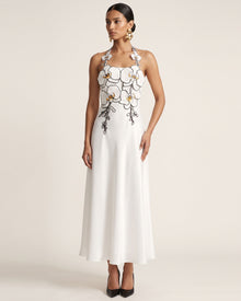 3D Floral Halter Satin Midi Dress - White