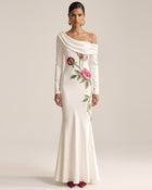 Rose Embroidered Long-Sleeve Foldover Maxi Dress - Pure White