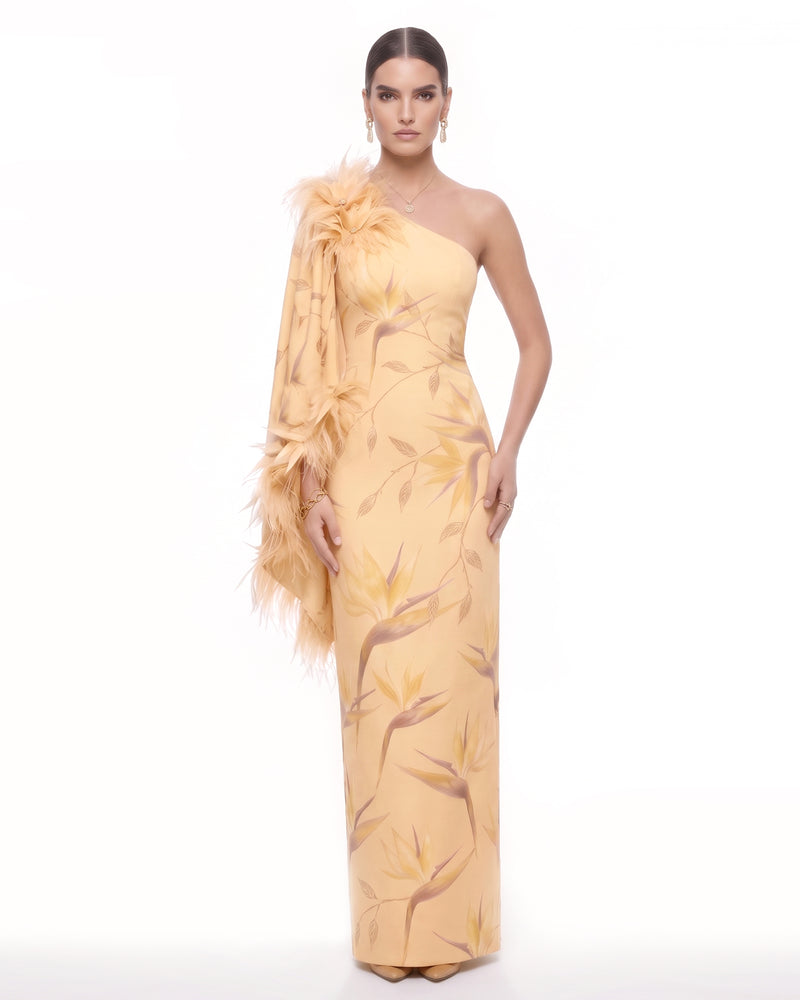 Bird of Paradise Feather-Trim One-Shoulder Maxi Dress - Pale Yellow