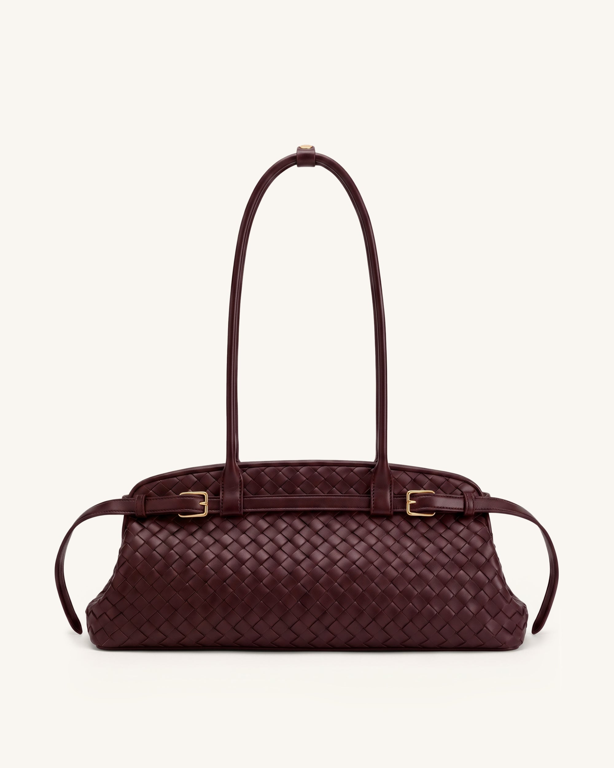 Arden Woven Belt Detail East-West Shoulder Bag - Burgundy
