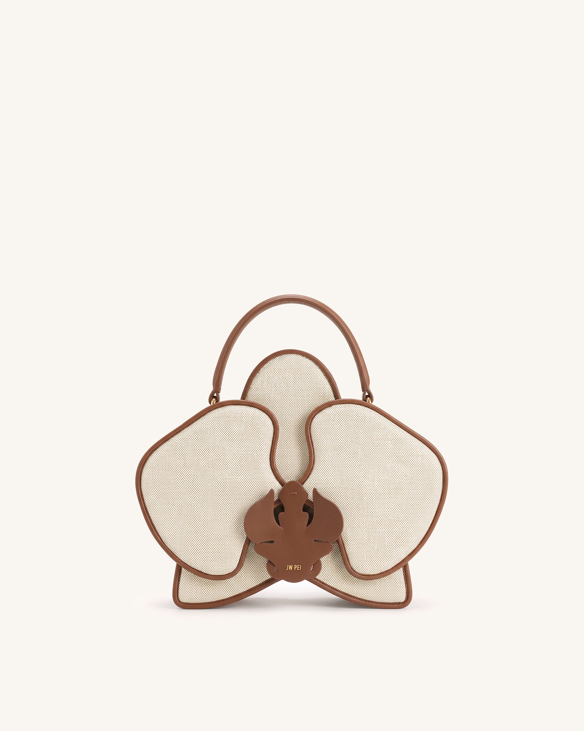Flora Orchid Shaped Top Handle Bag - Brown White Canvas