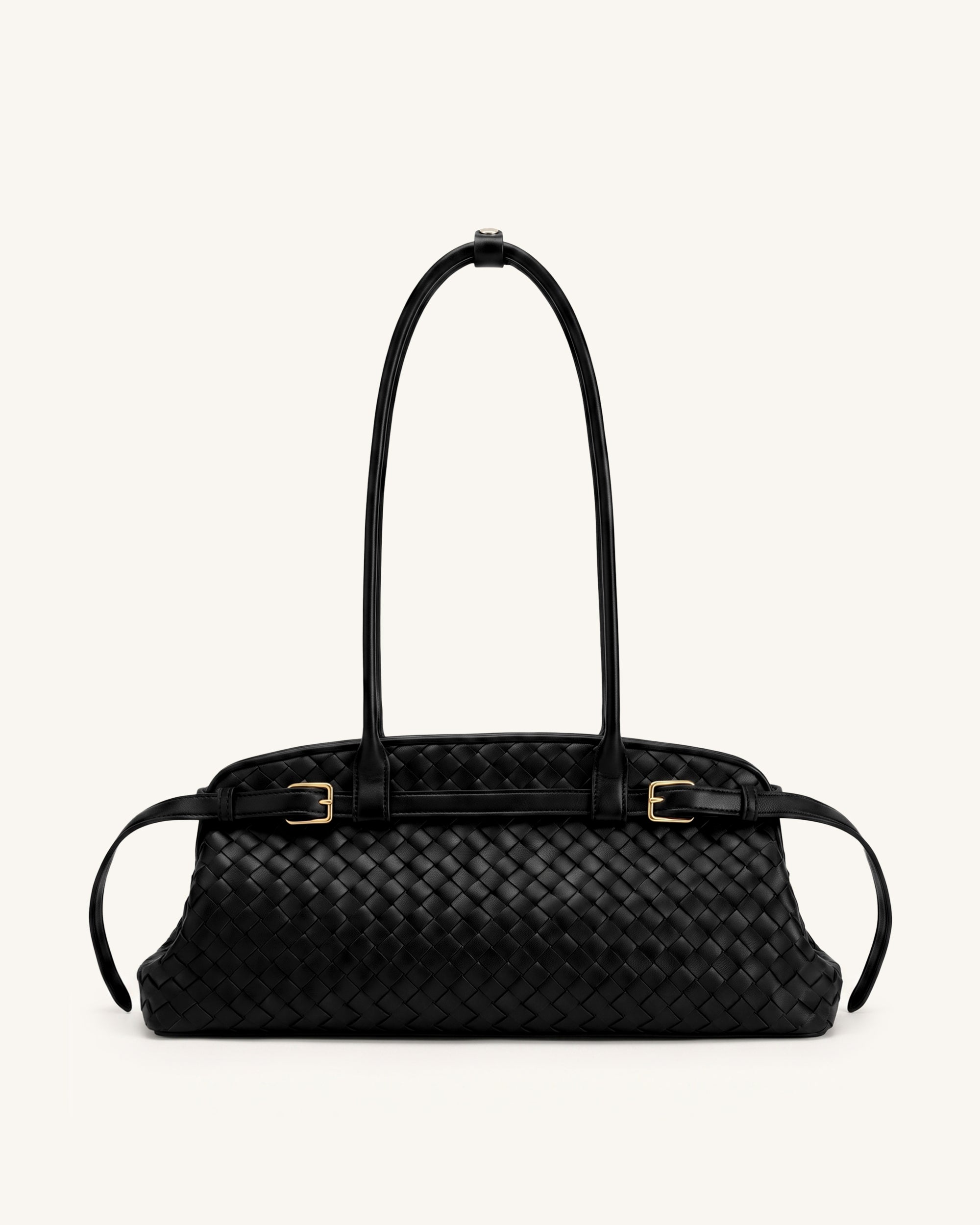 Arden Woven Belt Detail East-West Shoulder Bag - Dark Night Black