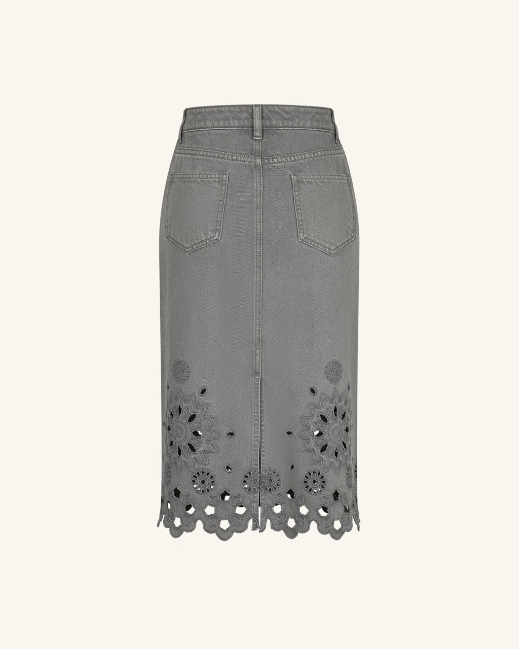 The Delicate Embroidered Cutout Denim Midi Skirt - Washed Sage