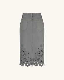 The Delicate Embroidered Cutout Denim Midi Skirt - Washed Sage