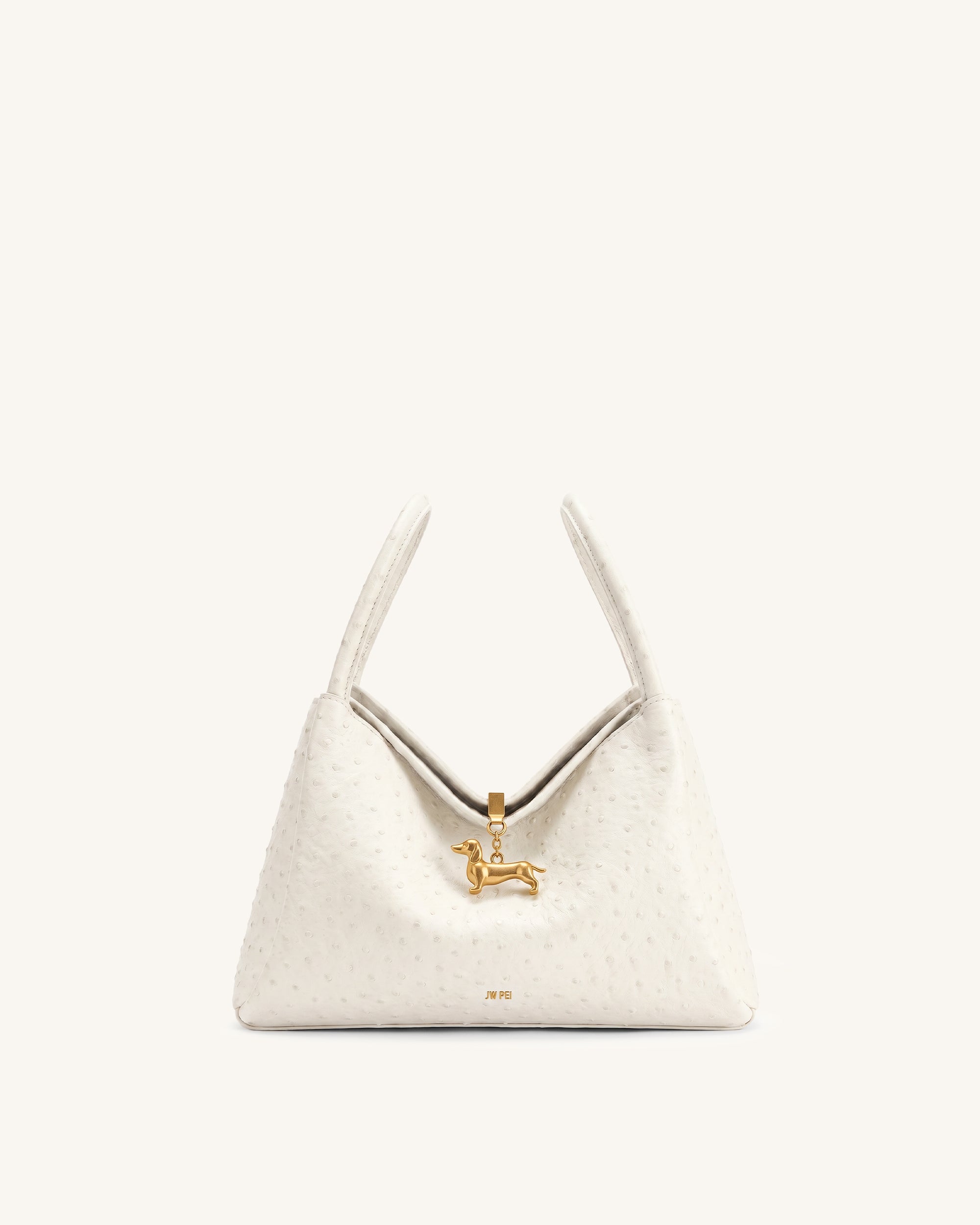 Maelle Faux Ostrich Grain Dachshund Charm Double Handle Bag - White
