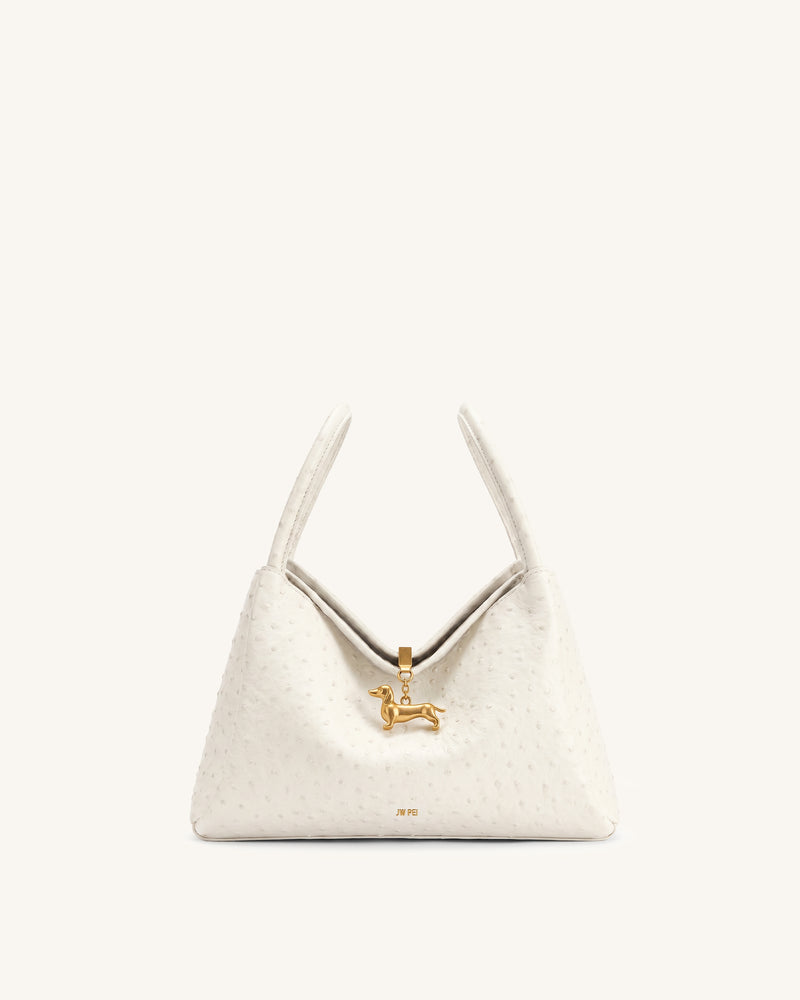 Maelle Faux Ostrich Grain Dachshund Charm Double Handle Bag - White