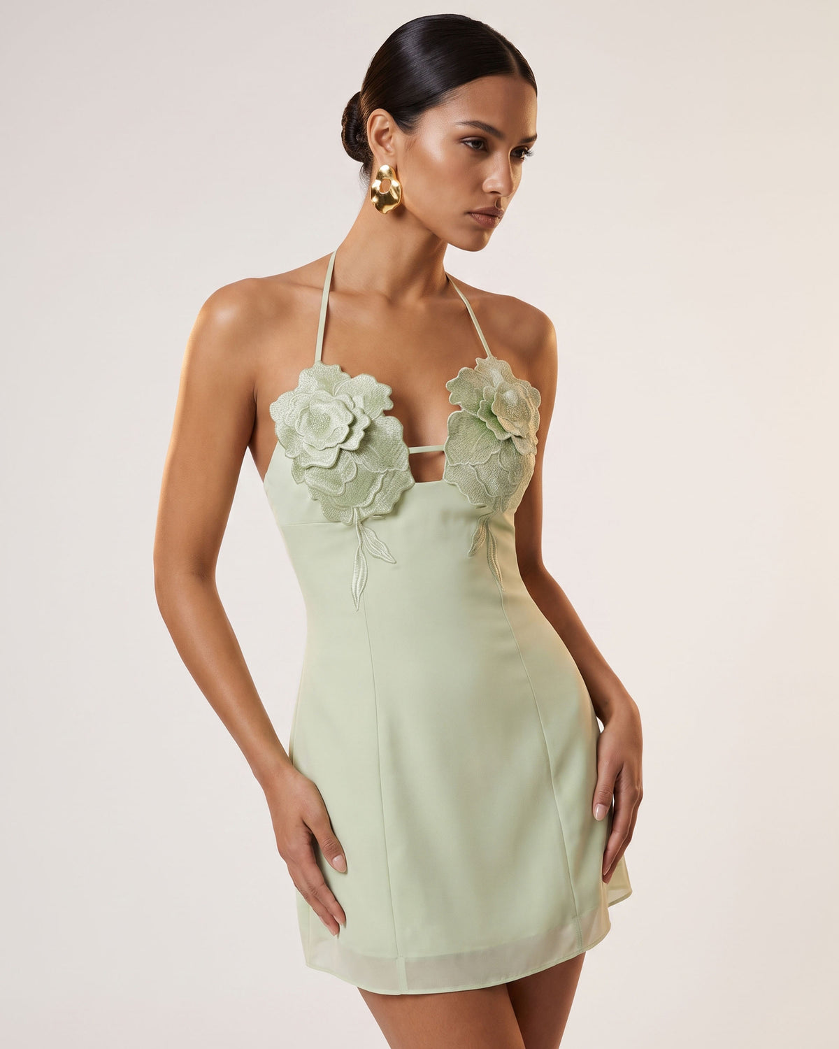 Flower Embroidered Mini Dress - Pistachio Green