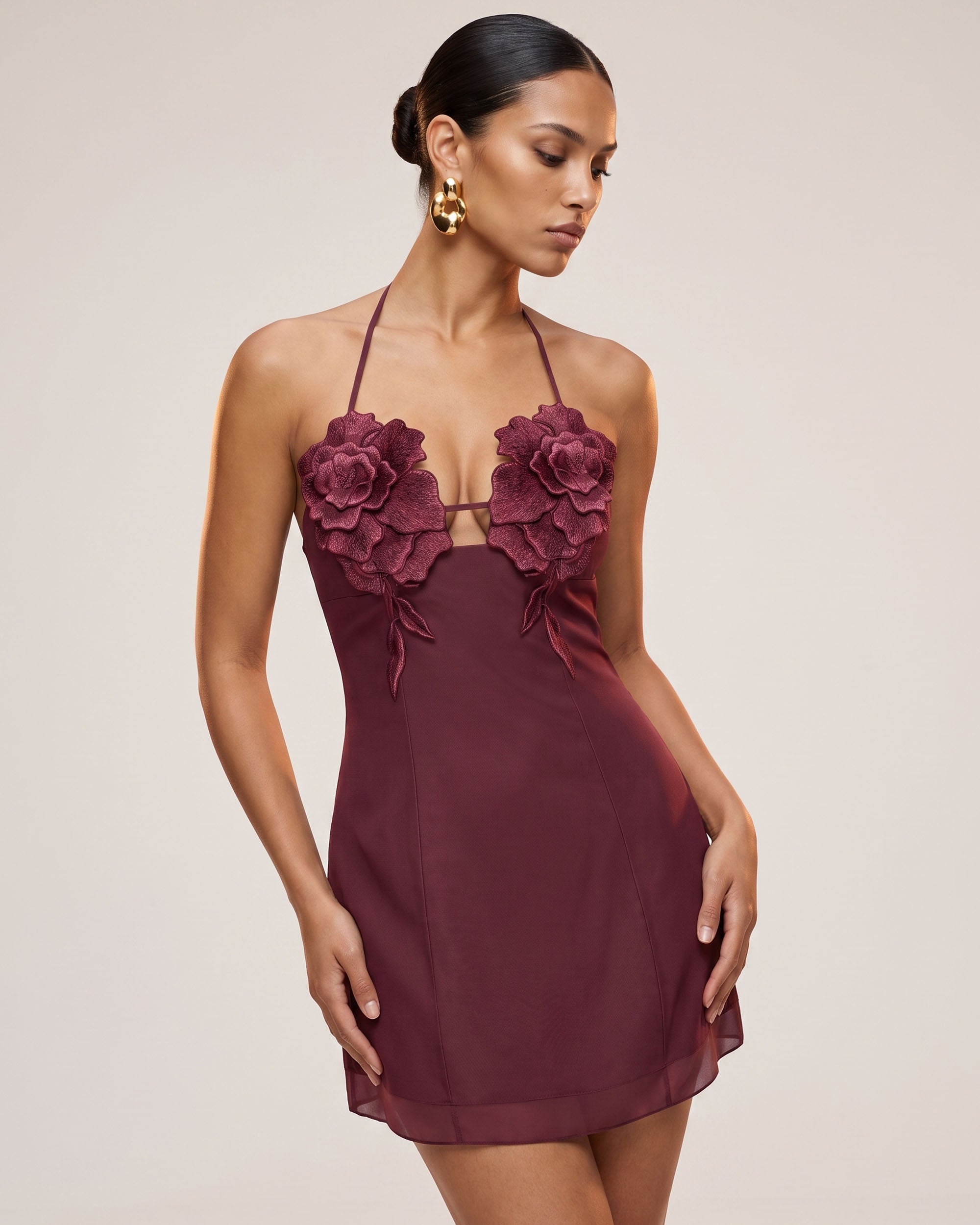 Flower Embroidered Mini Dress - Burgundy