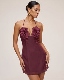 Flower Embroidered Mini Dress - Burgundy