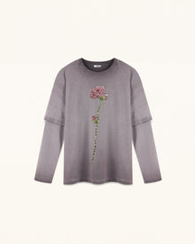 Rhinestone Rose Layered Sleeve Washed Tee - Faded Mauve