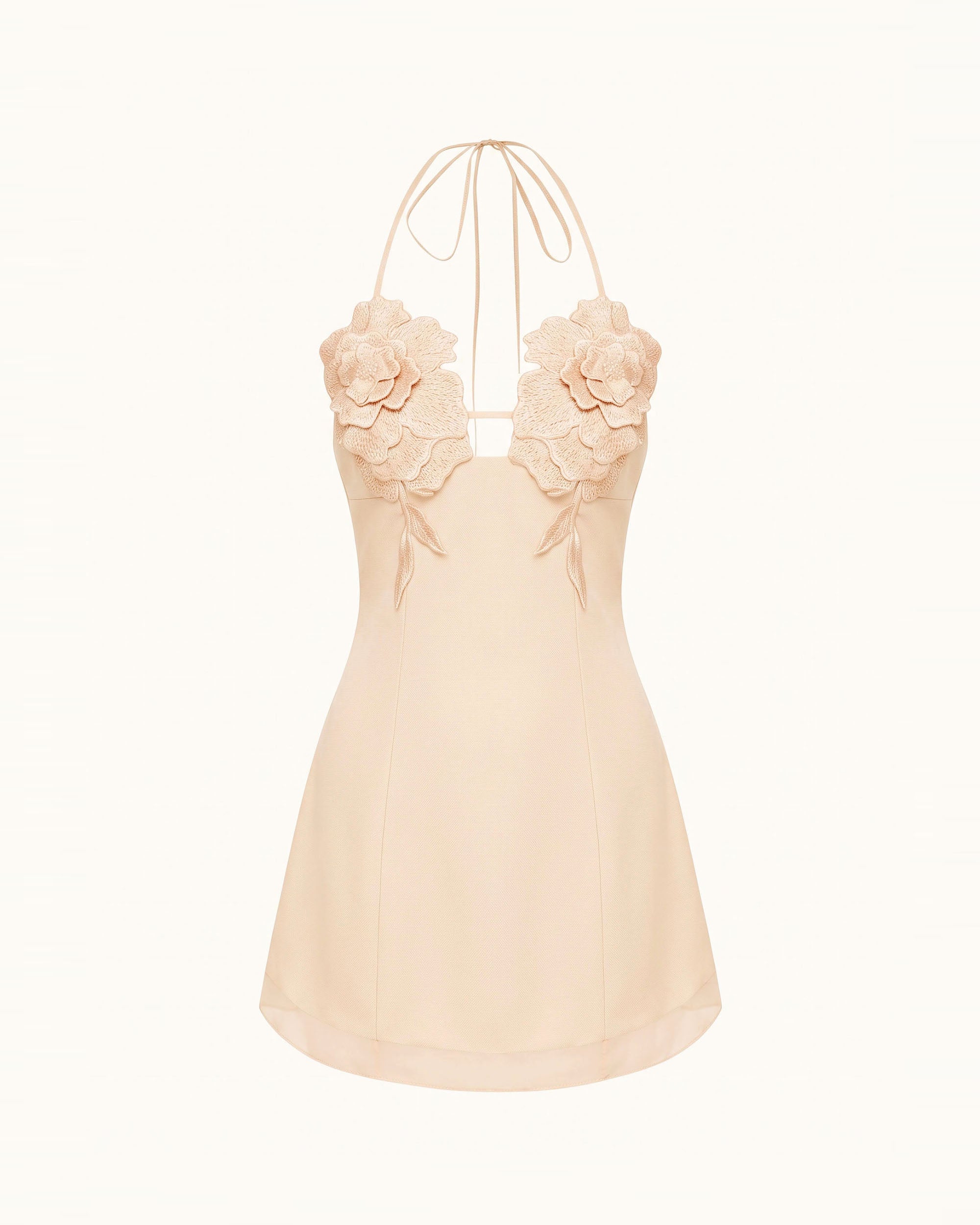 Flower Embroidered Mini Dress - Light Pinkish Flesh Color