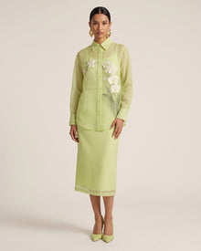 Orchid-Embroidered Sheer Button-Down Shirt - Lime Green