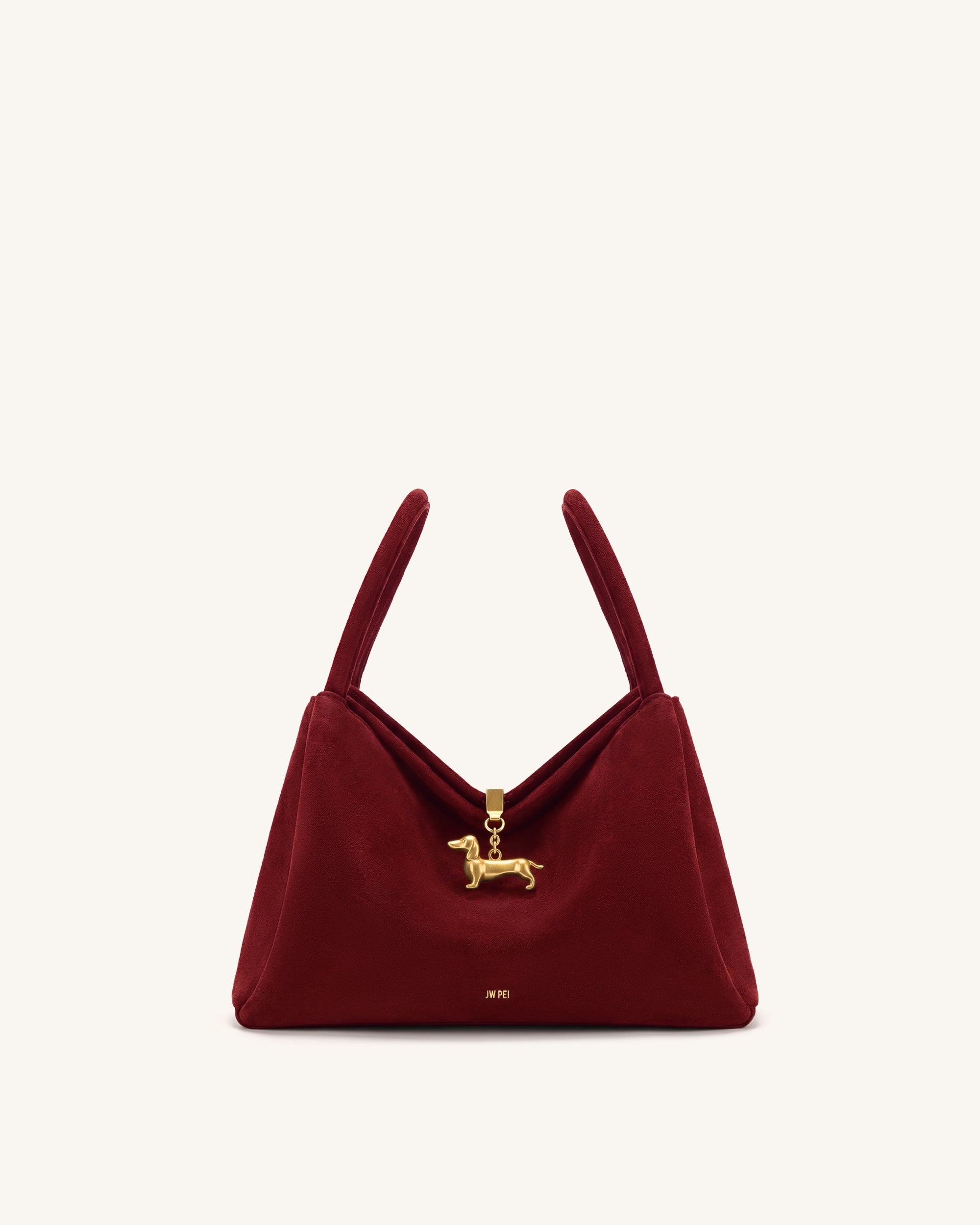 Maelle Faux Suede Dachshund Charm Double Handle Bag - Burgundy