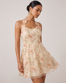 3D Floral Appliqué Sheer Mini Dress - Champagne