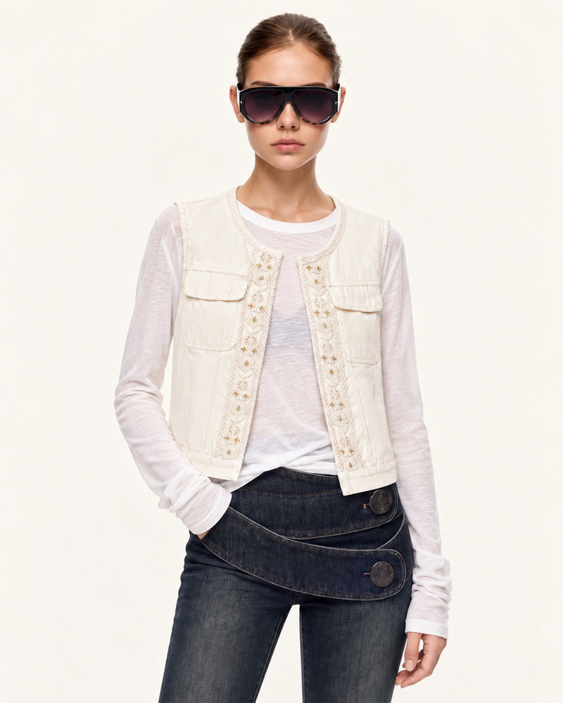 Enchanted Floral Braided Denim Vest - Cream White