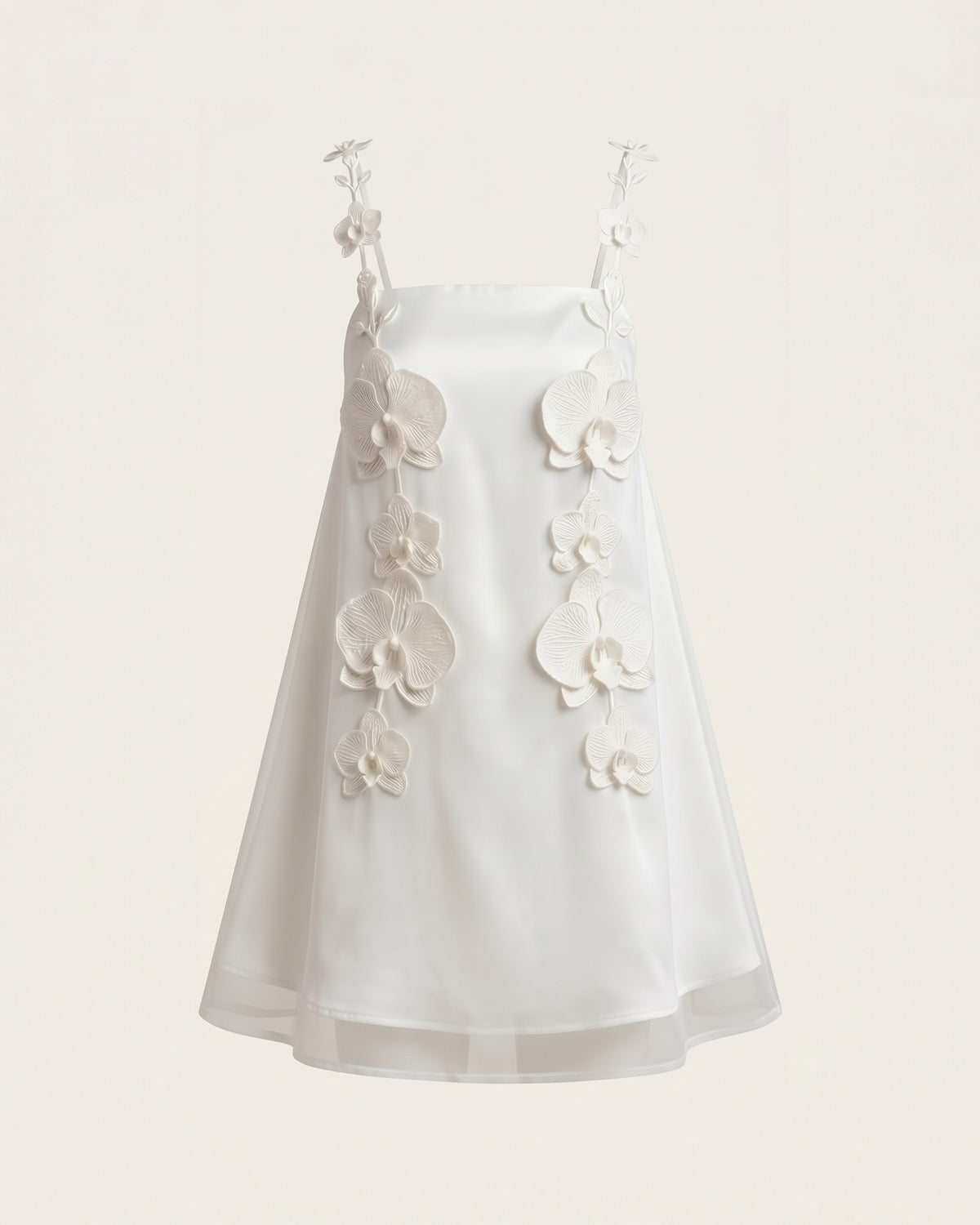 Orchid-Embellished Spaghetti Strap Mini Dress - White