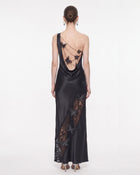 Lace Panel One-Shoulder Satin Maxi Dress - Black
