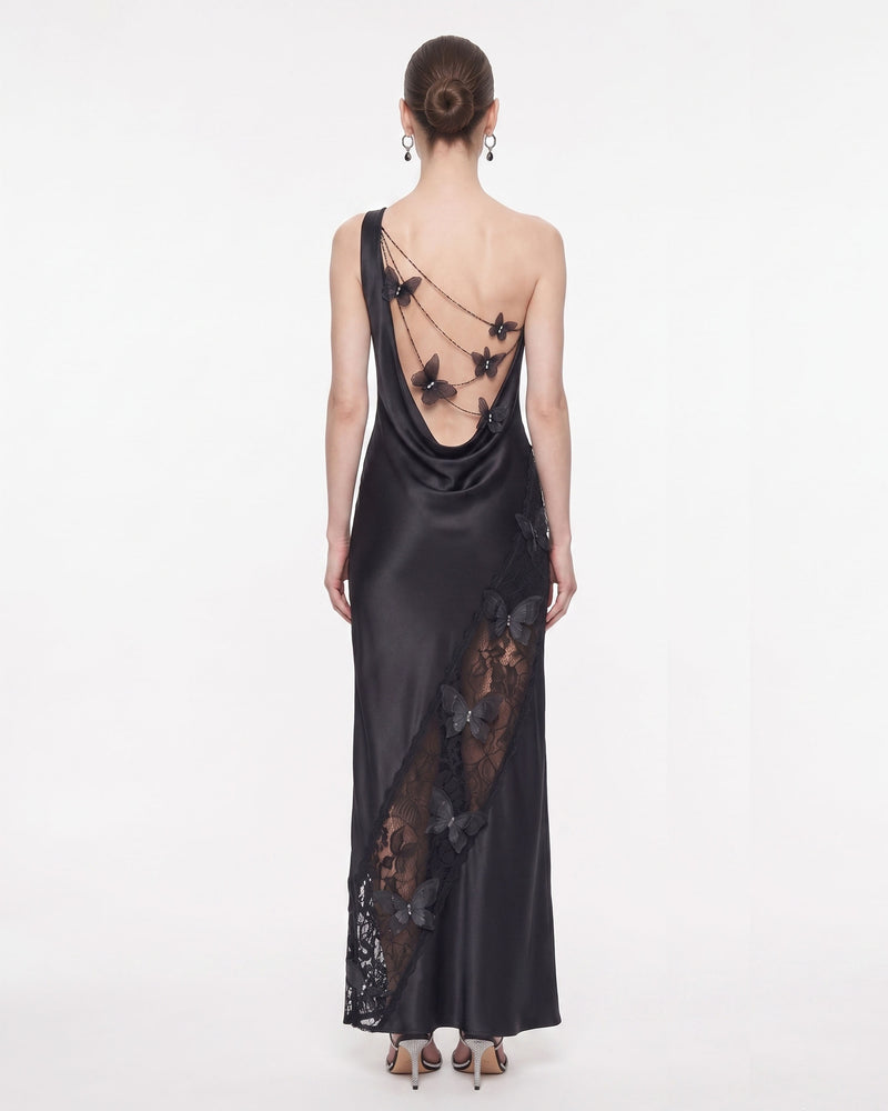 Lace Panel One-Shoulder Satin Maxi Dress - Black
