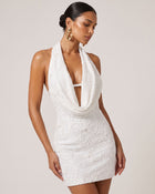 Orchid Beaded Embroidered Deep V Halter Mini Dress - White